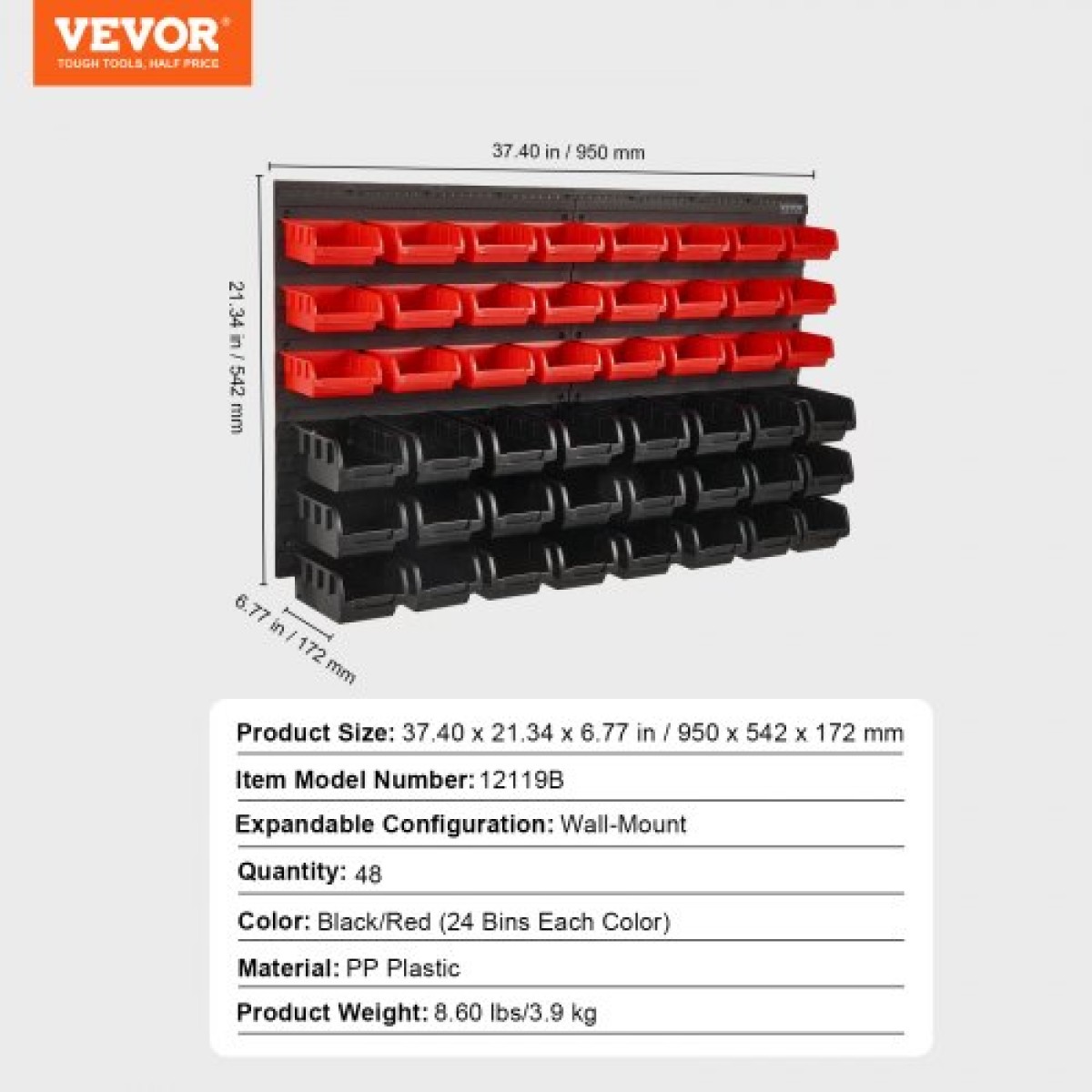 VEVOR Επιτοίχιοι κάδοι αποθήκευσης, 48-Bin Parts Rack Organizer Garage Plastic Shop Tool with Wall Panels, Tool Organizer για παξιμάδια, μπουλόνια, βίδες, καρφιά, χάντρες, κουμπιά, άλλα μικρά εξαρτήματα, μαύρο και κόκκινο