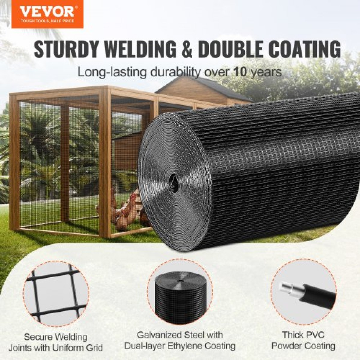 Ύφασμα VEVOR Hardware, 24'' x 100' Ρολό από γαλβανισμένο συρμάτινο πλέγμα, 19 Gauge ρολό συρμάτινο φράχτη κοτόπουλου, μεταλλικό συρμάτινο πλέγμα επικάλυψης βινυλίου για φράγμα κοτέτσι, φράχτες φιδιών κουνελιών, περιβλήματα πουλερικών