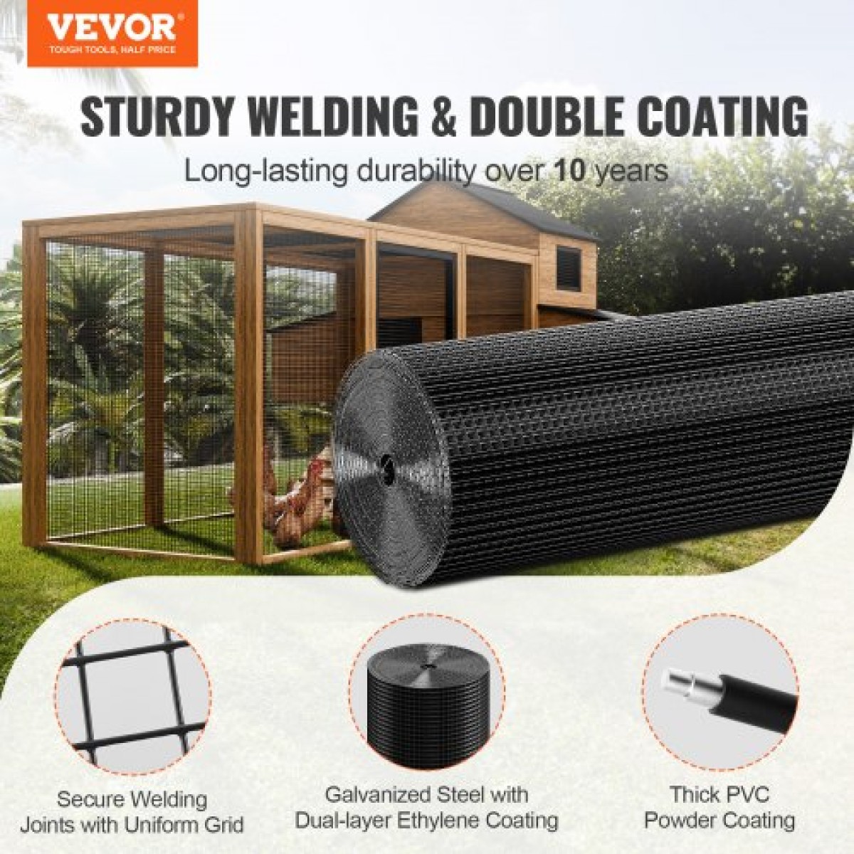Πανί υλικού VEVOR, 1220 x 30480 mm Ρολό γαλβανισμένου συρμάτινου πλέγματος, ρολό συρμάτινο φράχτη κοτόπουλου 19 διαμετρήματος, μεταλλικό συρμάτινο πλέγμα επικάλυψης βινυλίου για φράγμα κοτέτσι, φράχτες φιδιών κουνελιών, περιβλήματα πουλερικών