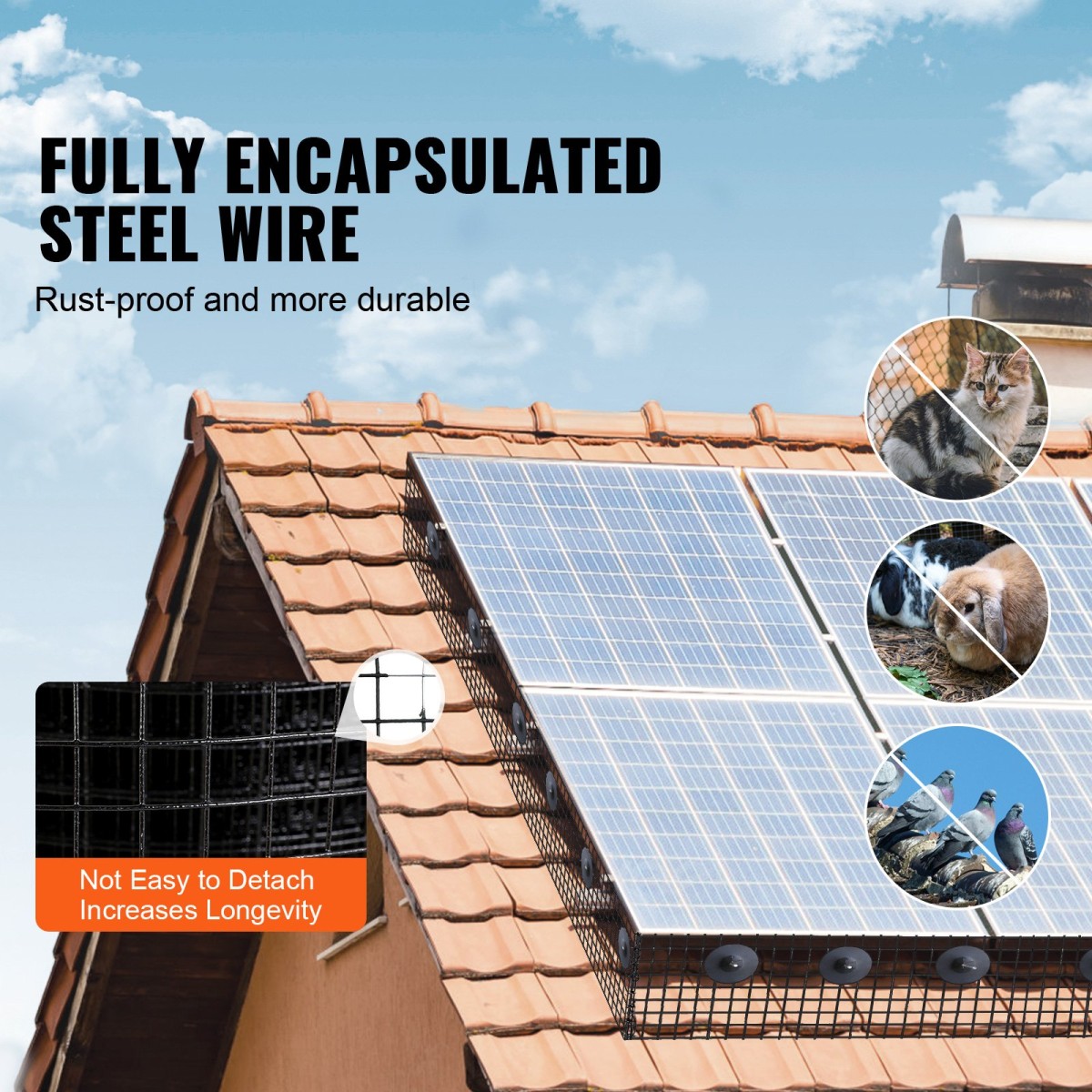 VEVOR 20 x 3048 cm Solar Panel Bird Guard, Critter Guard Roll Kit with Rustproof Coating PVC, Solar Panel Guard with 50pcs Tire Wires, 12,7 mm Wire Roll Mesh