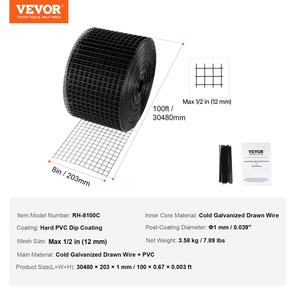 VEVOR 20 x 3048 cm Solar Panel Bird Guard, Critter Guard Roll Kit with Rustproof Coating PVC, Solar Panel Guard with 50pcs Tire Wires, 12,7 mm Wire Roll Mesh