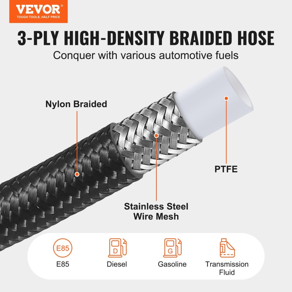 VEVOR 6AN Fuel Line Kit, 25 FT Fuel Hose Kit, 5/16" Nylon Inox Inox Kit Line Fuel Line PTFE, E85/Oil/Gas/Diesel Hose End Kit, with 15 PCS Swivel Fitting Adapter Kit, Μαύρο