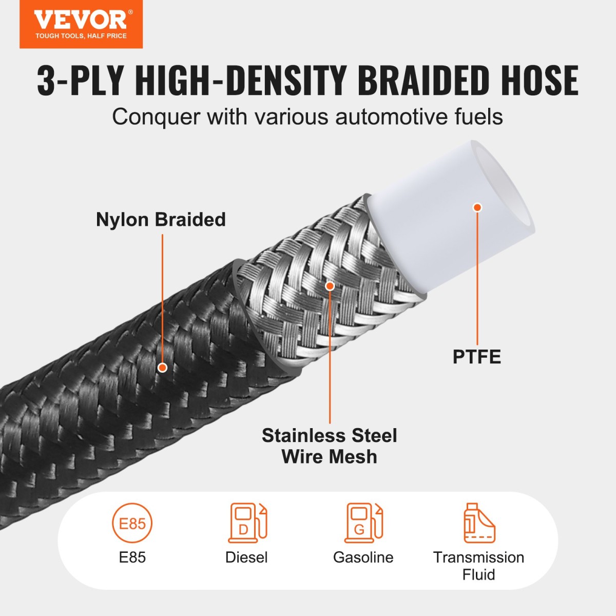 VEVOR 6AN Fuel Line Kit, 25 FT Fuel Hose Kit, 5/16" Nylon Inox Inox Kit Line Fuel Line PTFE, E85/Oil/Gas/Diesel Hose End Kit, with 15 PCS Swivel Fitting Adapter Kit, Μαύρο