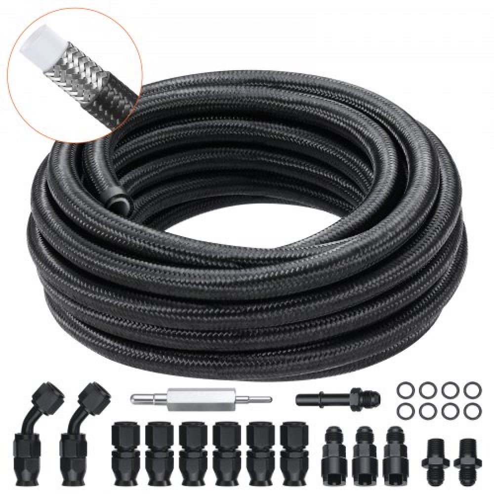 VEVOR 6AN Fuel Line Kit, 25 FT Fuel Hose Kit, 5/16" Nylon Inox Inox Kit Line Fuel Line PTFE, E85/Oil/Gas/Diesel Hose End Kit, with 15 PCS Swivel Fitting Adapter Kit, Μαύρο