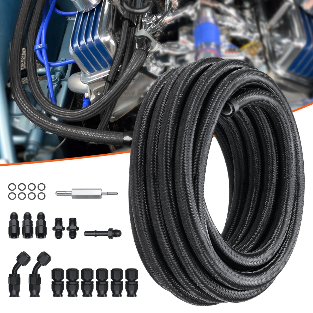 VEVOR 6AN Fuel Line Kit, 25 FT Fuel Hose Kit, 5/16" Nylon Inox Inox Kit Line Fuel Line PTFE, E85/Oil/Gas/Diesel Hose End Kit, with 15 PCS Swivel Fitting Adapter Kit, Μαύρο