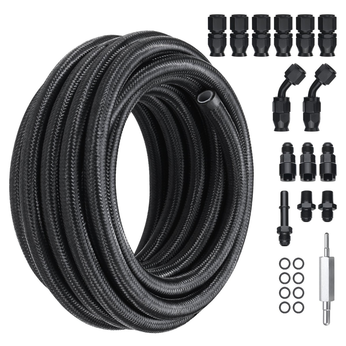 VEVOR 6AN Fuel Line Kit, 25 FT Fuel Hose Kit, 5/16" Nylon Inox Inox Kit Line Fuel Line PTFE, E85/Oil/Gas/Diesel Hose End Kit, with 15 PCS Swivel Fitting Adapter Kit, Μαύρο