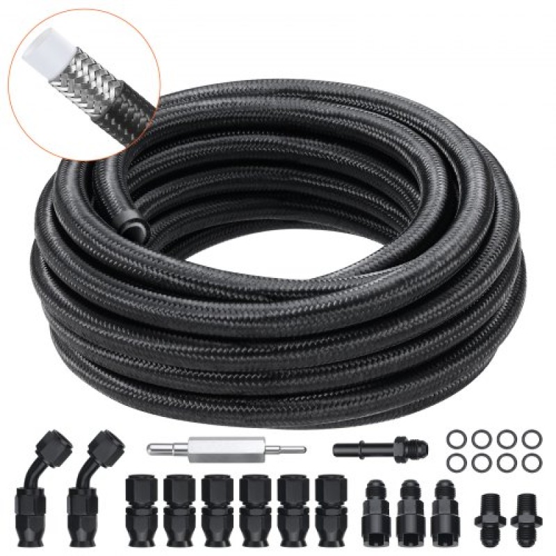 VEVOR 6AN Fuel Line Kit, 25 FT Fuel Hose Kit, 5/16" Nylon Inox Inox Kit Line Fuel Line PTFE, E85/Oil/Gas/Diesel Hose End Kit, with 15 PCS Swivel Fitting Adapter Kit, Μαύρο