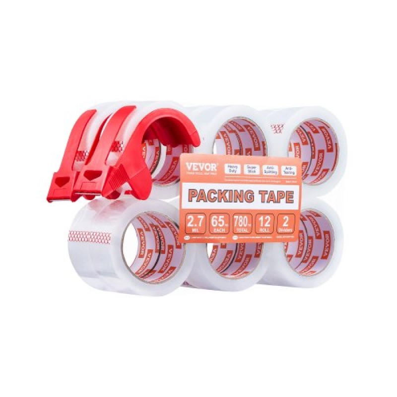 VEVOR Clear Packing Tape, 3 ιντσών Core, 12 Rolls 1,88 Inches x 65 Yards Tapepacking with Dispenser, 2,7 Mil Heavy Duty Packaging Tape Σχεδιασμένο για μετακίνηση, αποθήκευση και συσκευασία, αποστολή και αποστολή