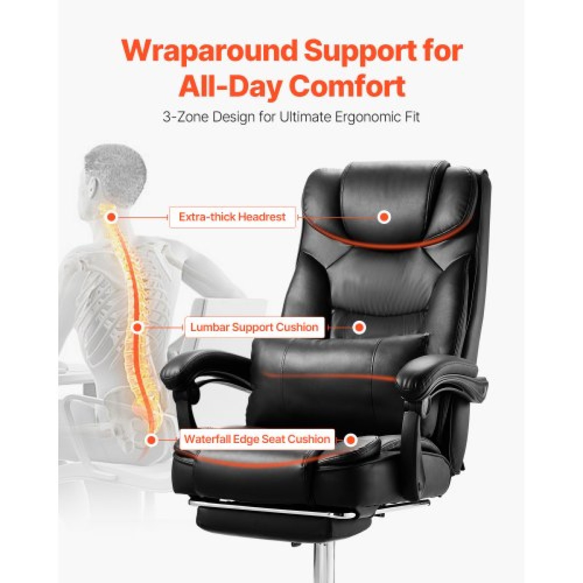 Καρέκλα στελεχών VEVOR, Καρέκλα γραφείου με ψηλό πίσω μέρος με υποπόδιο και οσφυϊκό μαξιλάρι, εργονομική καρέκλα γραφείου 135° με ανάκλιση & ρυθμιζόμενο ύψος, δερμάτινη περιστρεφόμενη καρέκλα PU για εργασία, μελέτη, παιχνίδι, μαύρο