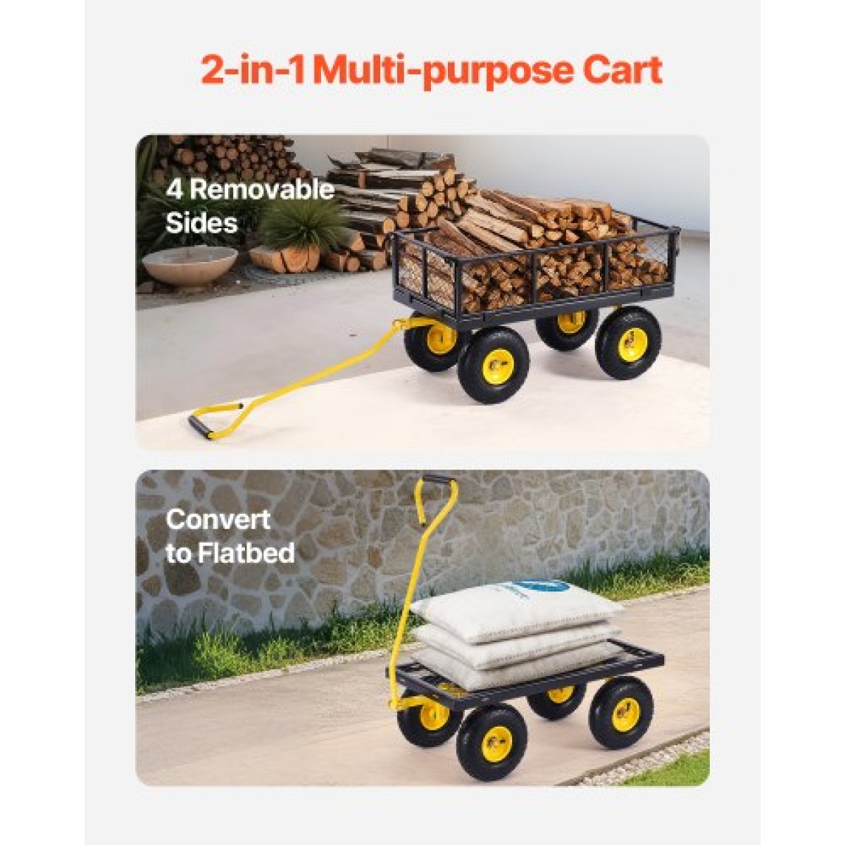 VEVOR 500 Lbs Steel Garden Cart, Heavy Duty Garden Wagon Cart pullable on Wheels, Metal Yard Utility Wagon Cart με 10" ελαστικά παντός εδάφους, Mesh αφαιρούμενα πλαϊνά και περιστρεφόμενη λαβή 180°