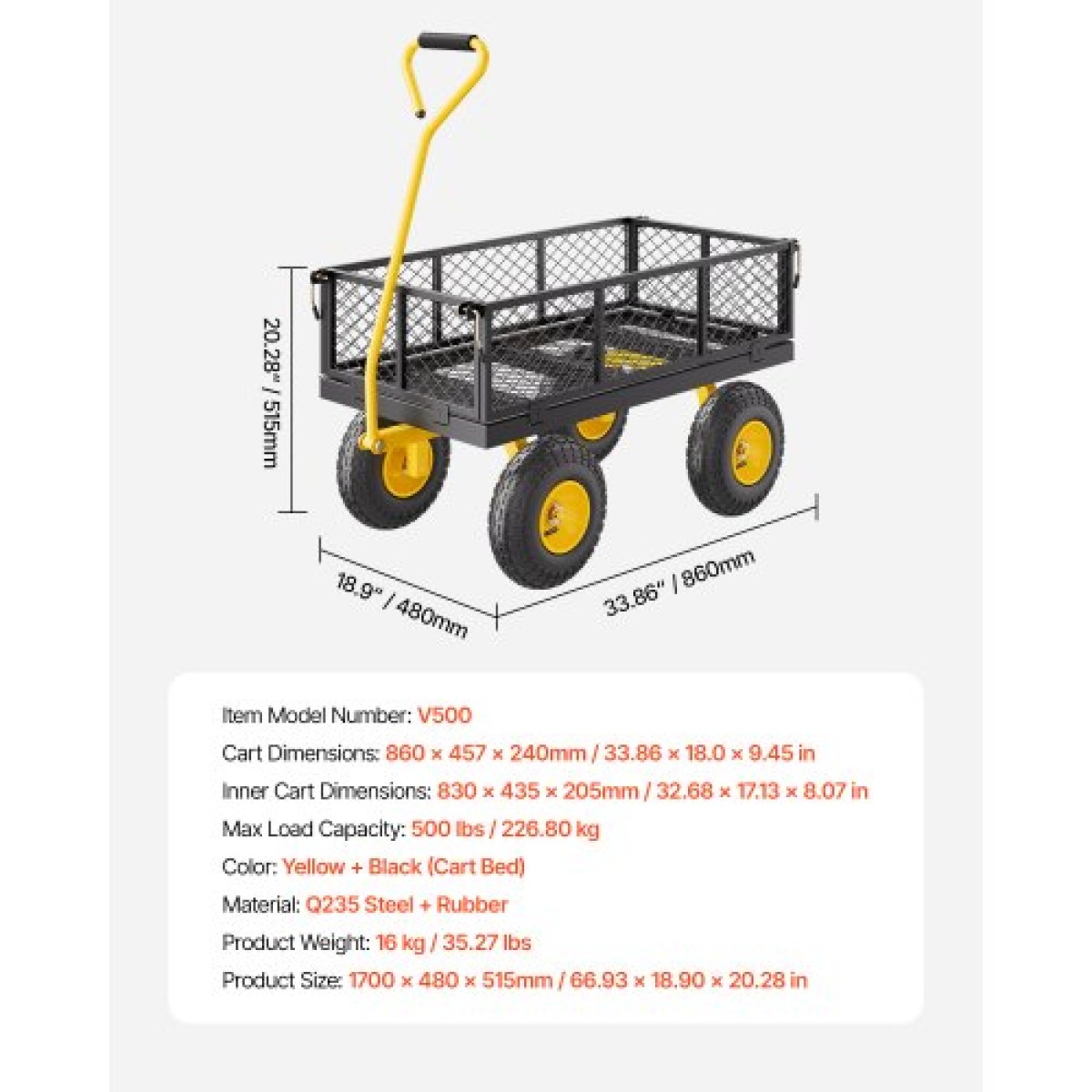 VEVOR 500 Lbs Steel Garden Cart, Heavy Duty Garden Wagon Cart pullable on Wheels, Metal Yard Utility Wagon Cart με 10" ελαστικά παντός εδάφους, Mesh αφαιρούμενα πλαϊνά και περιστρεφόμενη λαβή 180°