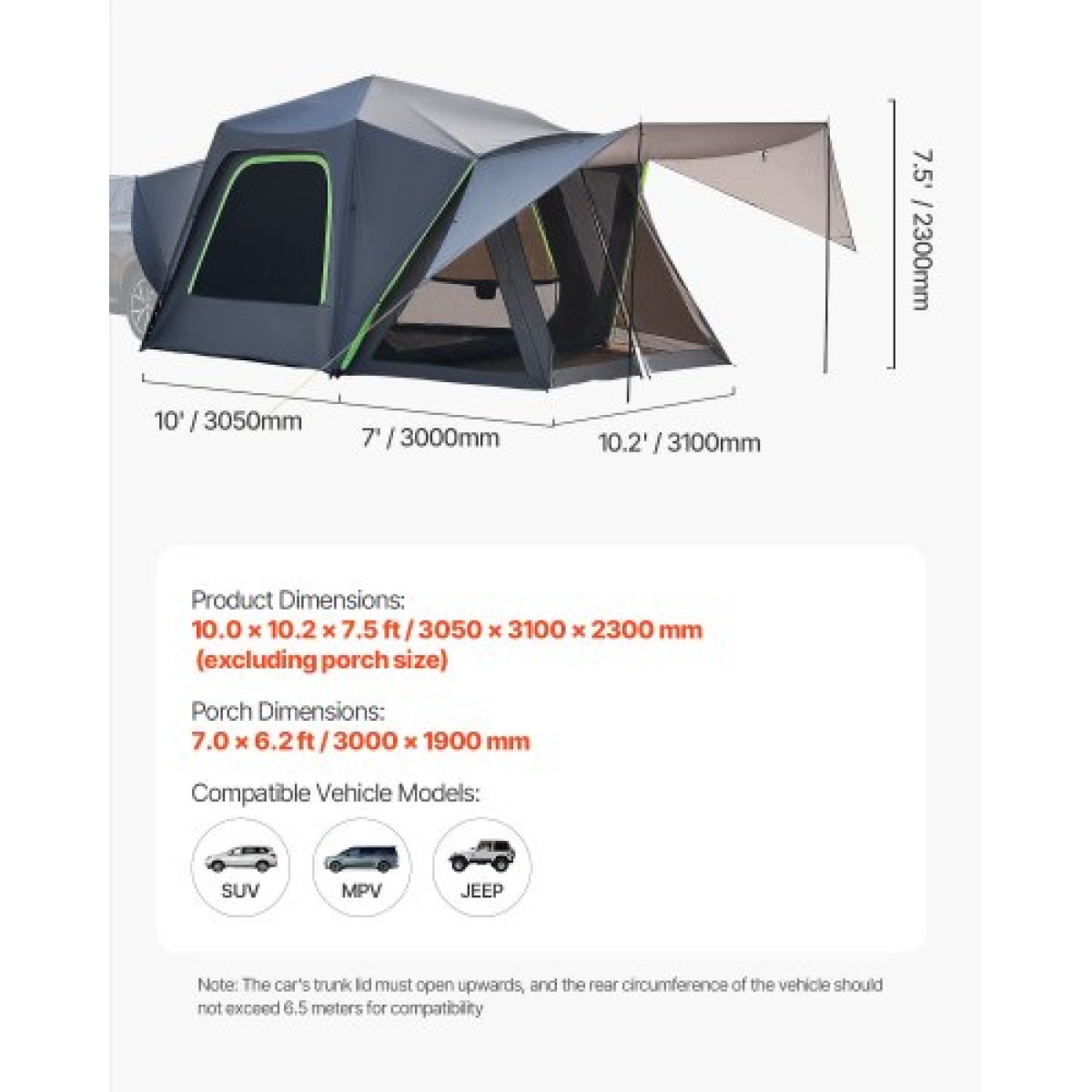 Σκηνή SUV VEVOR για Κάμπινγκ, 10FT L x 10FT W, Αδιάβροχη PU2000mm Ευρύχωρη σχεδίαση διπλού στρώματος για 5-8 άτομα, σκηνή κάμπινγκ SUV με τέντα σκιάς και δίχτυα παράθυρα, περιλαμβάνει Rainfly και τσάντα αποθήκευσης