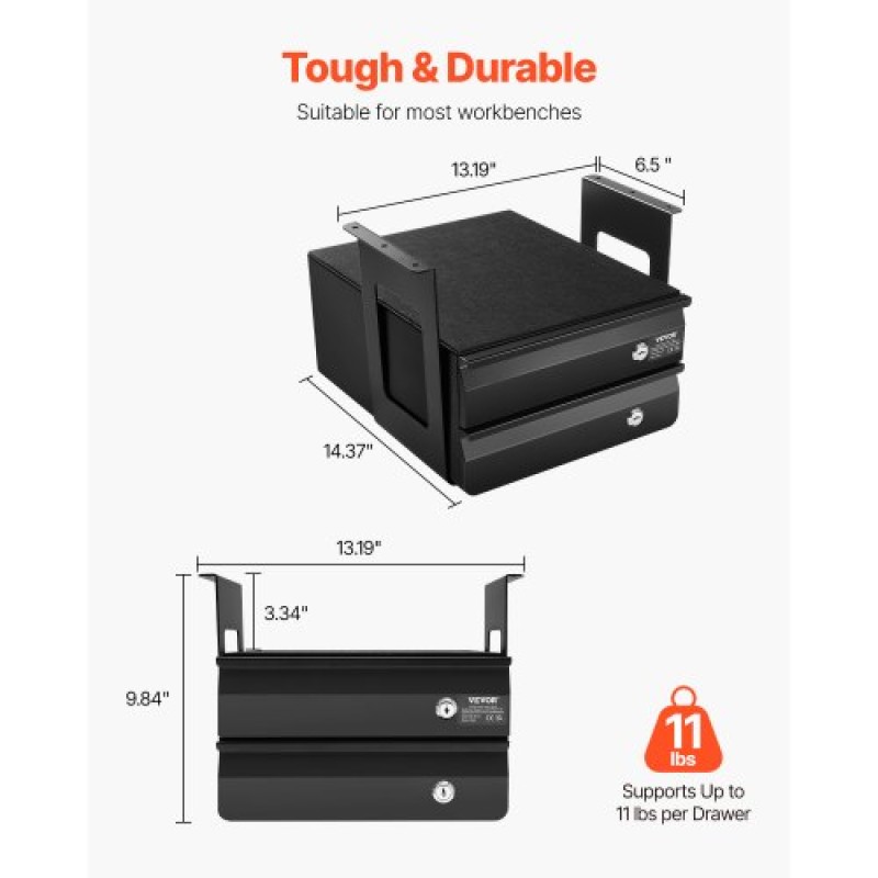 VEVOR 13" Ευρεία Κάτω Συρτάρι Desk Συρτάρι Slide Out, Under Table Pull-out συρτάρι Atachment, Hidden Desktop 2 Layer Storage Organizer, Κλείδωμα κάτω από τη βάση Συρτάρι Μολυβιού για Κάθισμα Sit 1x1x1, W1x