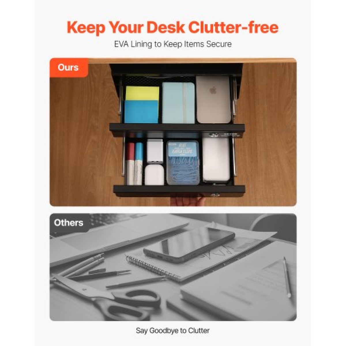VEVOR 13" Ευρεία Κάτω Συρτάρι Desk Συρτάρι Slide Out, Under Table Pull-out συρτάρι Atachment, Hidden Desktop 2 Layer Storage Organizer, Κλείδωμα κάτω από τη βάση Συρτάρι Μολυβιού για Κάθισμα Sit 1x1x1, W1x