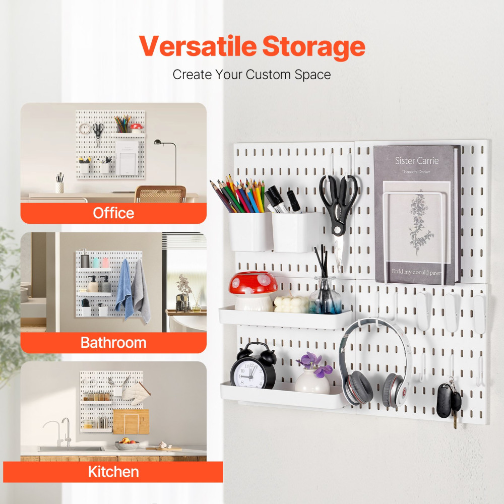 Κιτ συνδυασμού VEVOR Pegboard, 11" x 11" Plastic Pegboard, 4 πάνελ, Κιτ οργάνωσης τοίχου με μανταλάκια με αξεσουάρ, για αποθήκευση εργαλείων γκαράζ Κουζίνα Σαλόνι χειροτεχνία δωμάτιο γραφείου Μπάνιο σπίτι, λευκό
