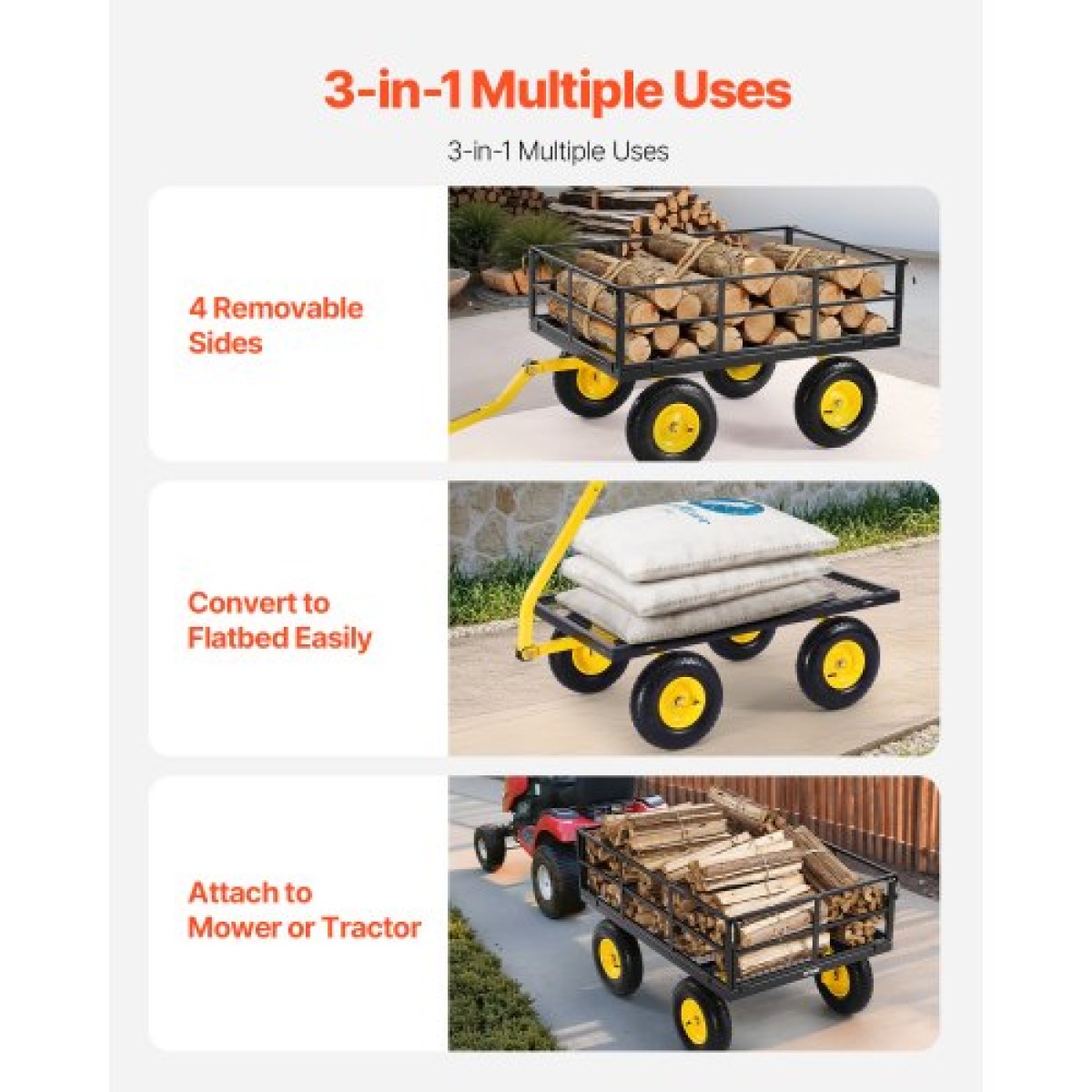 VEVOR 1200 Lbs Steel Garden Cart, Heavy Duty Pullable Garden Wagon Yard Cart, 2 in 1 Outdoor Metal Utility Wagon Yard Trailer με ελαστικά παντός εδάφους 13", αφαιρούμενες πλευρές από πλέγμα και περιστρεφόμενη λαβή 180°