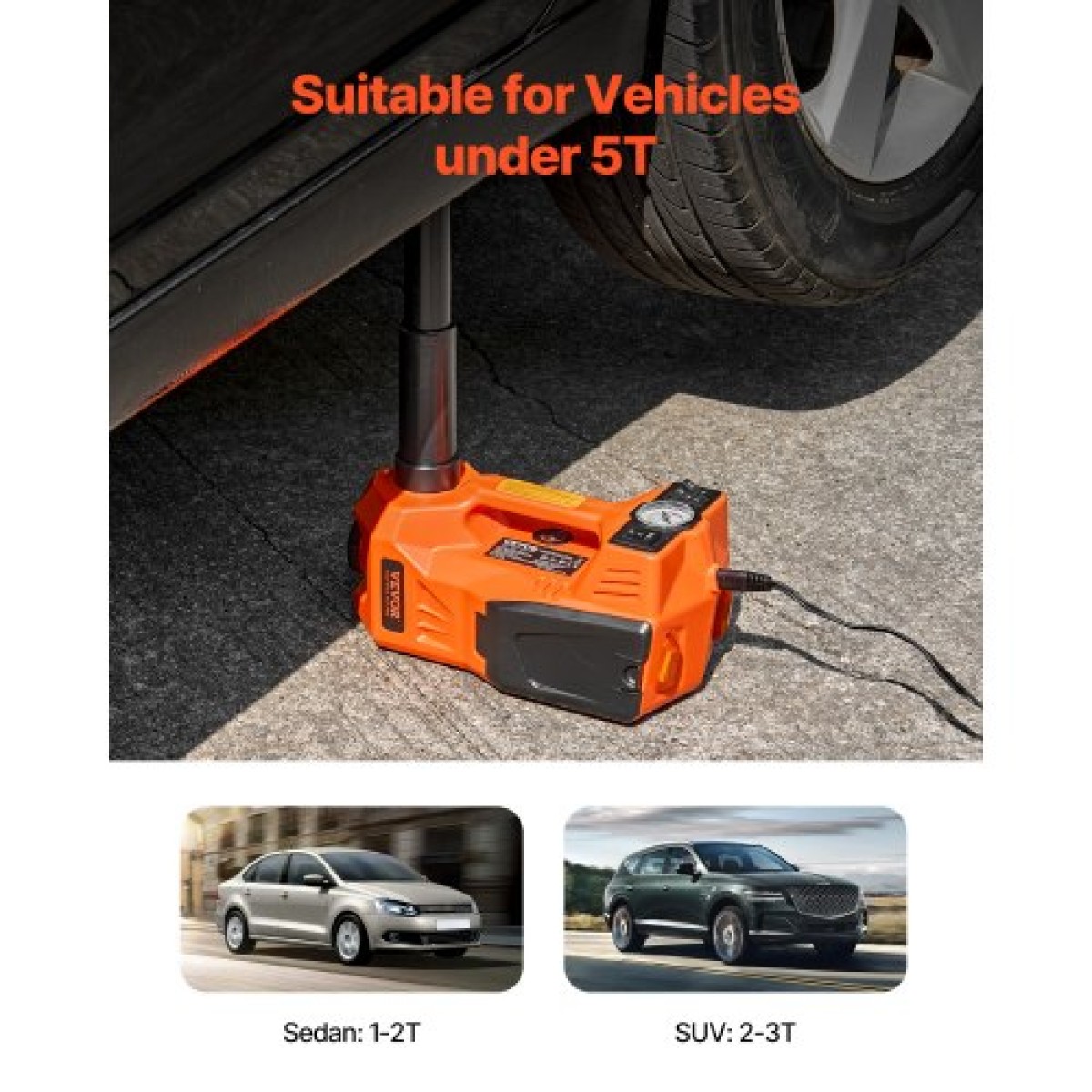 VEVOR Electric Car Jack, 5 Tons /11000 lbs, Ηλεκτρικό γρύλο ψαλιδιού με ενσωματωμένο φουσκωτό, 12V Ρυθμιζόμενη αντικατάσταση αλλαγής ελαστικού με Secure Hammer & Light LED, Φορητό κιτ Jack για Sedan, SUV, Truck
