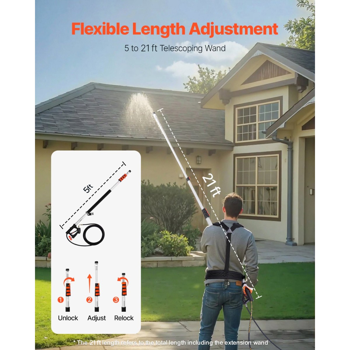 Τηλεσκοπική ράβδος πλύσης πίεσης VEVOR, 24 ft, 4000 psi, Τηλεσκοπική ράβδος ψεκασμού με ράβδους επέκτασης ηλεκτρικού πλυσίματος, Καθαριστικό υδρορροών, κεφαλή βούρτσας, περιστρεφόμενος σύνδεσμος, 7 ακροφύσια ψεκασμού και πλεξούδα στήριξης