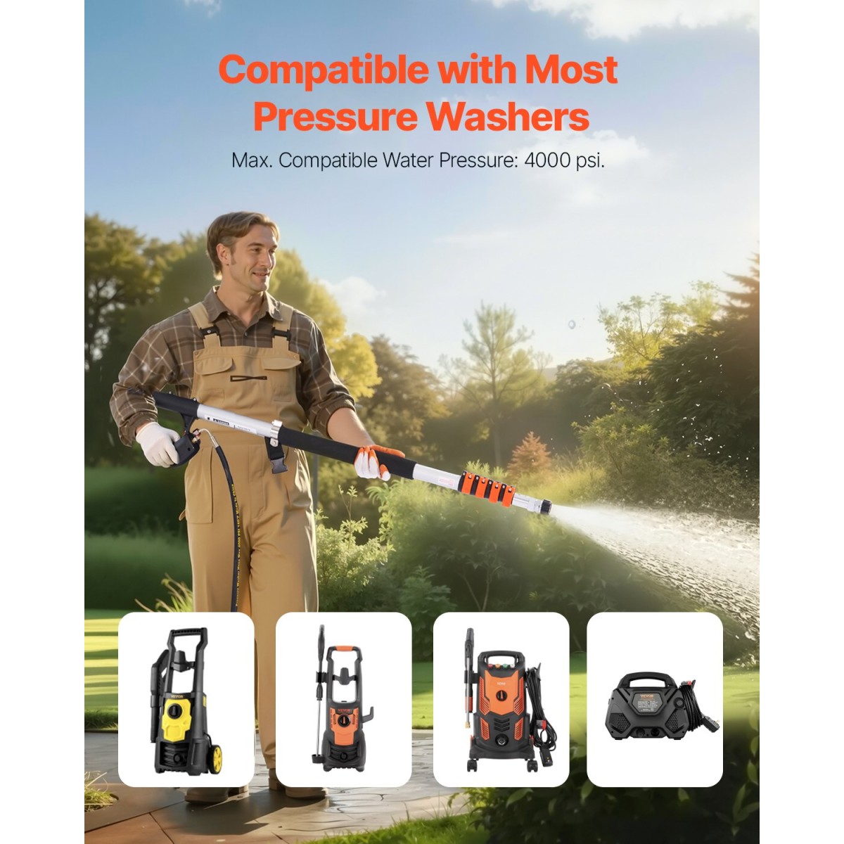 Τηλεσκοπική ράβδος πλύσης πίεσης VEVOR, 24 ft, 4000 psi, Τηλεσκοπική ράβδος ψεκασμού με ράβδους επέκτασης ηλεκτρικού πλυσίματος, Καθαριστικό υδρορροών, κεφαλή βούρτσας, περιστρεφόμενος σύνδεσμος, 7 ακροφύσια ψεκασμού και πλεξούδα στήριξης