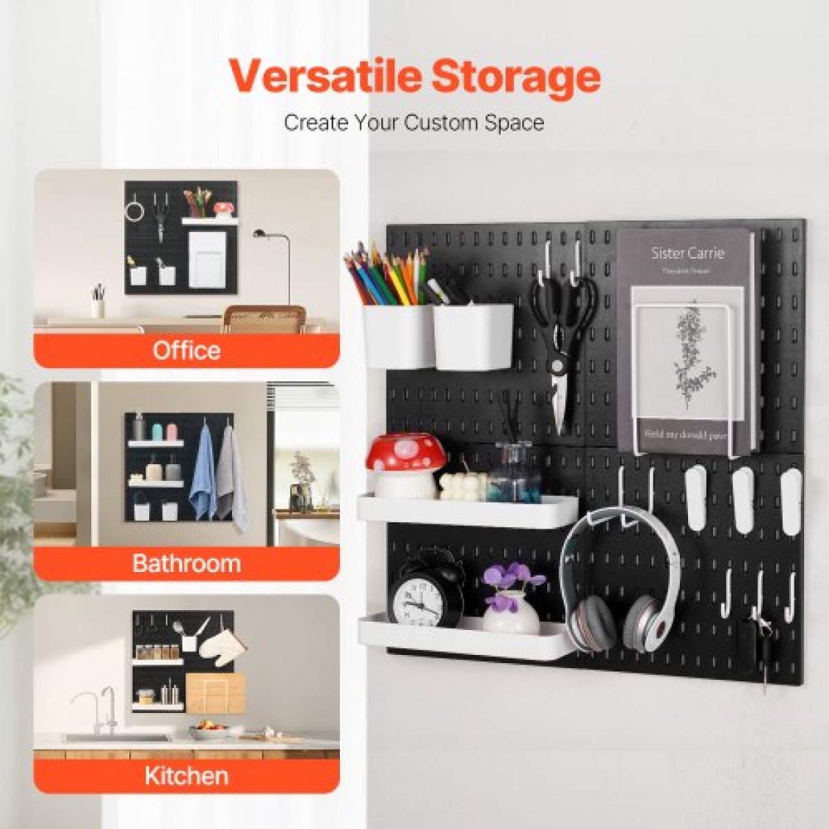 Κιτ συνδυασμού VEVOR Pegboard, 11" x 11" Plastic Pegboard, 4 πάνελ, Κιτ οργάνωσης τοίχου με μανταλάκια με αξεσουάρ, για αποθήκευση εργαλείων γκαράζ Κουζίνα Σαλόνι Craft Room Γραφείο Μπάνιο Σπίτι, Μαύρο
