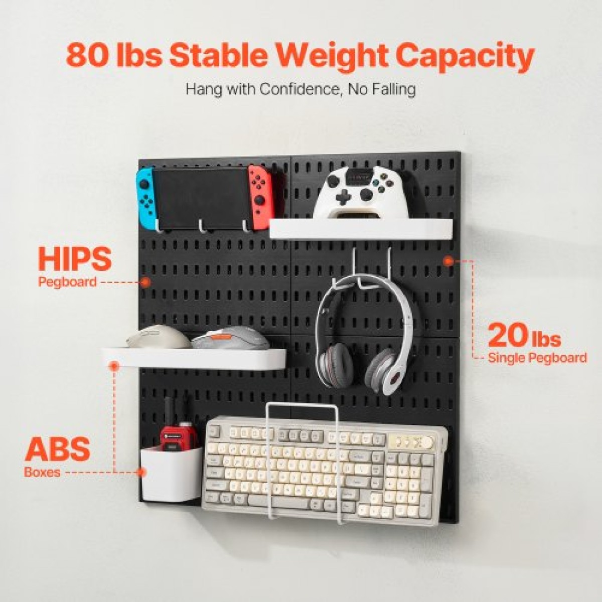 Κιτ συνδυασμού VEVOR Pegboard, 11" x 11" Plastic Pegboard, 4 πάνελ, Κιτ οργάνωσης τοίχου με μανταλάκια με αξεσουάρ, για αποθήκευση εργαλείων γκαράζ Κουζίνα Σαλόνι Craft Room Γραφείο Μπάνιο Σπίτι, Μαύρο
