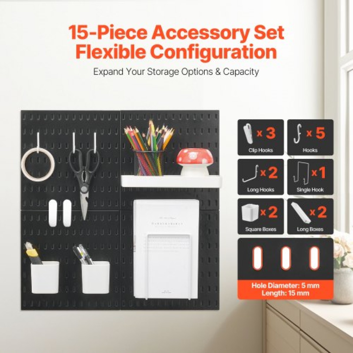 Κιτ συνδυασμού VEVOR Pegboard, 11" x 11" Plastic Pegboard, 4 πάνελ, Κιτ οργάνωσης τοίχου με μανταλάκια με αξεσουάρ, για αποθήκευση εργαλείων γκαράζ Κουζίνα Σαλόνι Craft Room Γραφείο Μπάνιο Σπίτι, Μαύρο