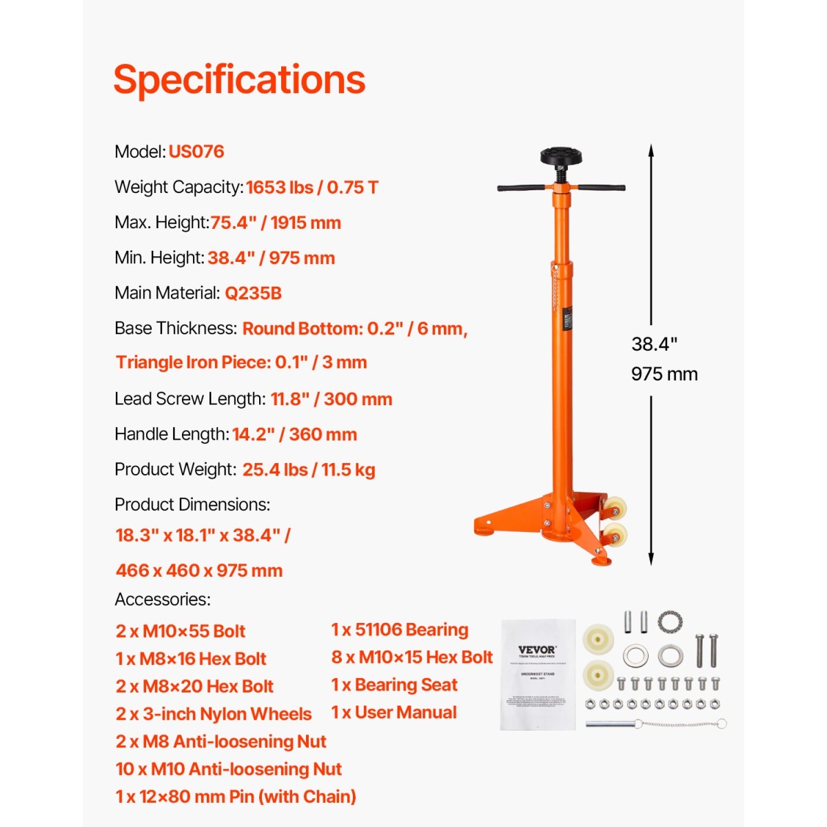 Βάση στήριξης VEVOR Underhoist, Χωρητικότητα 3/4 τόνους κάτω από βάση ανύψωσης, ανύψωση από 38,4 έως 75,4 ίντσες, λαβή περιστροφής με έδραση, βίδα με σπείρωμα που κλειδώνει, δύο τροχοί, εξαρτήματα οχήματος υποστήριξης