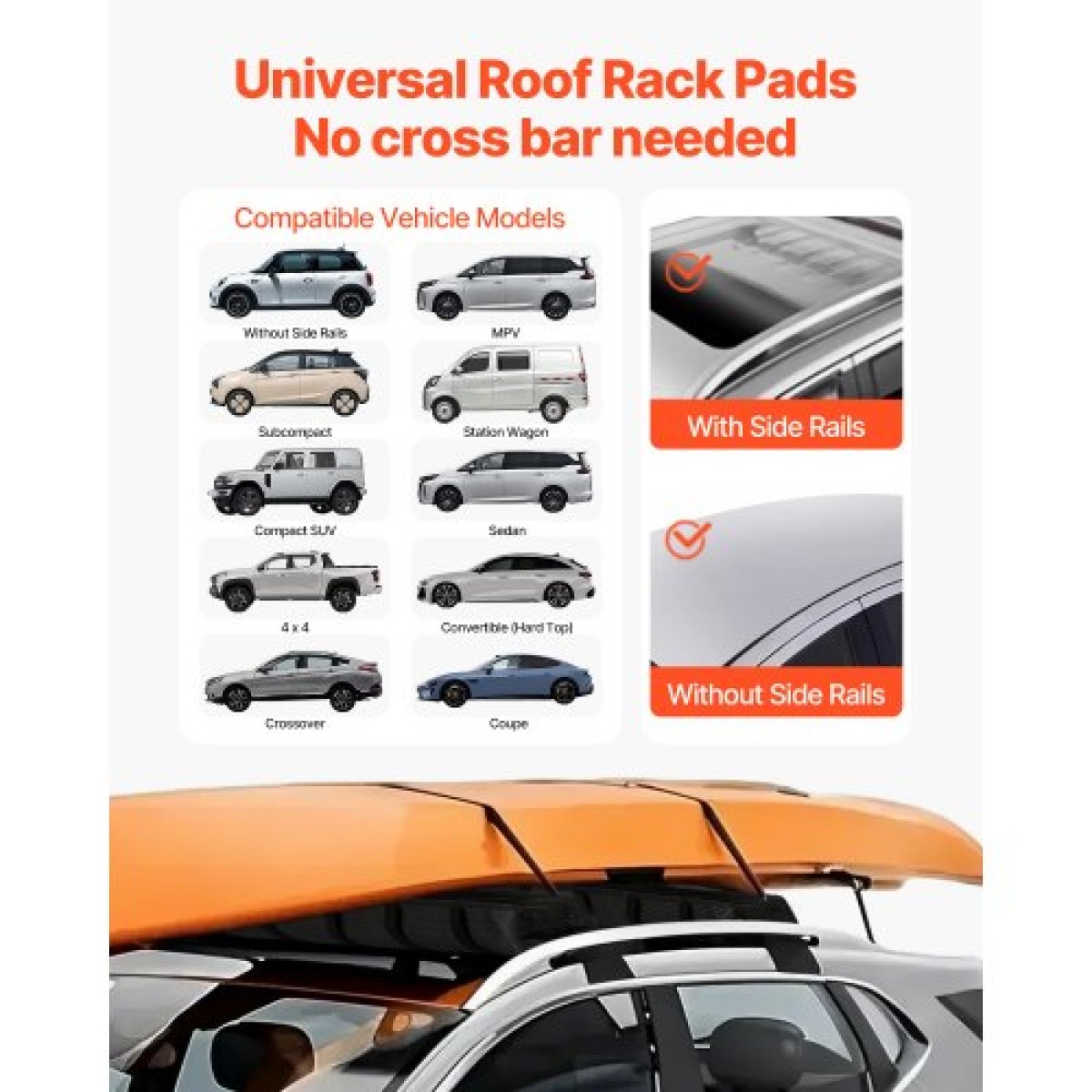 VEVOR Soft Roof Rack Pads, Universal Car Roof Rack Pad, 176LBS Load Capacity Bargage Kayak Carrier με 2 ιμάντες δεσίματος και φορητή τσάντα αποθήκευσης για SUP Canoe Snowboard Paddle Board