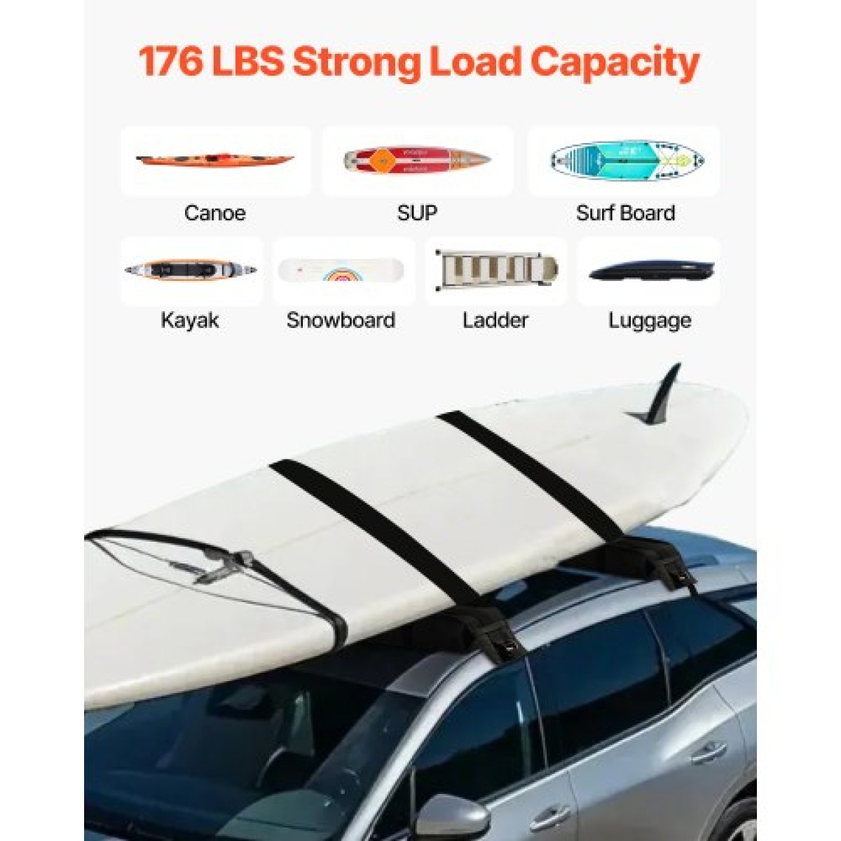 VEVOR Soft Roof Rack Pads, Universal Car Roof Rack Pad, 176LBS Load Capacity Bargage Kayak Carrier με 2 ιμάντες δεσίματος και φορητή τσάντα αποθήκευσης για SUP Canoe Snowboard Paddle Board