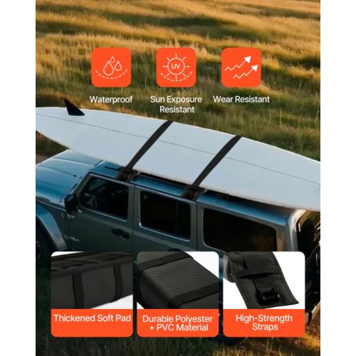 VEVOR Soft Roof Rack Pads, Universal Car Roof Rack Pad, 176LBS Load Capacity Bargage Kayak Carrier με 2 ιμάντες δεσίματος και φορητή τσάντα αποθήκευσης για SUP Canoe Snowboard Paddle Board