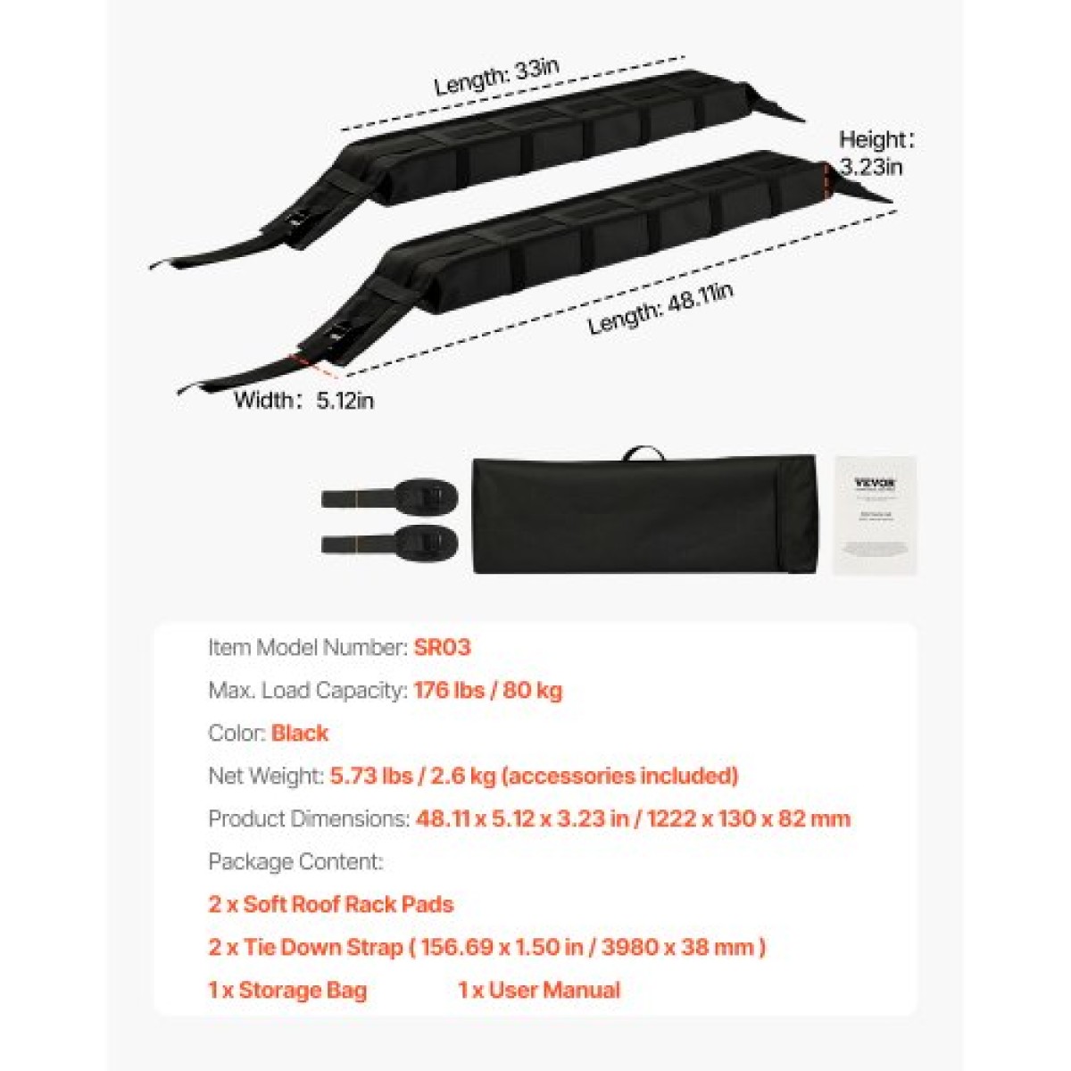 VEVOR Soft Roof Rack Pads, Universal Car Roof Rack Pad, 176LBS Load Capacity Bargage Kayak Carrier με 2 ιμάντες δεσίματος και φορητή τσάντα αποθήκευσης για SUP Canoe Snowboard Paddle Board