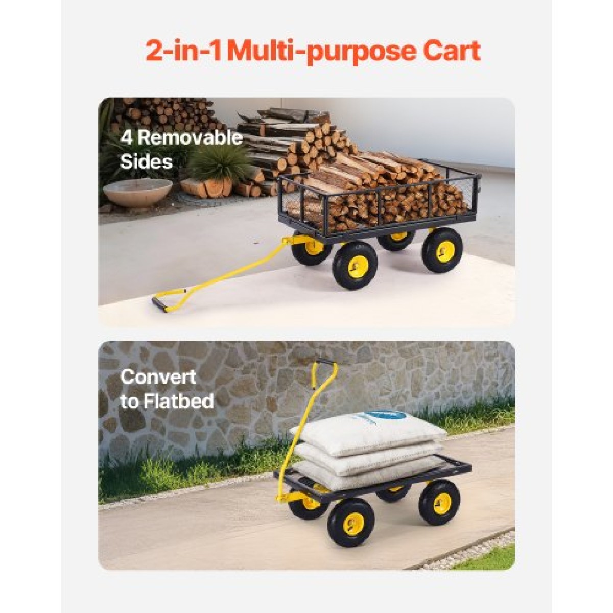 VEVOR 900 Lbs Heavy Duty Steel Garden Cart, Garden Wagon Cart on Wheels, Outdoor Metal Yard Utility Wagon Cart με ελαστικά 10" και αφαιρούμενες πλευρές από διχτυωτό πλέγμα (Μετατροπή σε επίπεδη επιφάνεια) και περιστρεφόμενη λαβή 180°