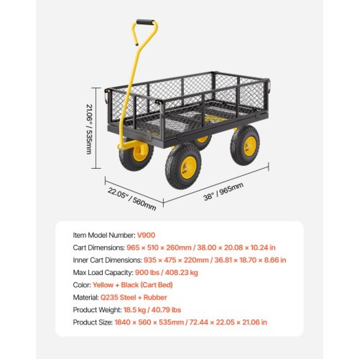 VEVOR 900 Lbs Heavy Duty Steel Garden Cart, Garden Wagon Cart on Wheels, Outdoor Metal Yard Utility Wagon Cart με ελαστικά 10" και αφαιρούμενες πλευρές από διχτυωτό πλέγμα (Μετατροπή σε επίπεδη επιφάνεια) και περιστρεφόμενη λαβή 180°