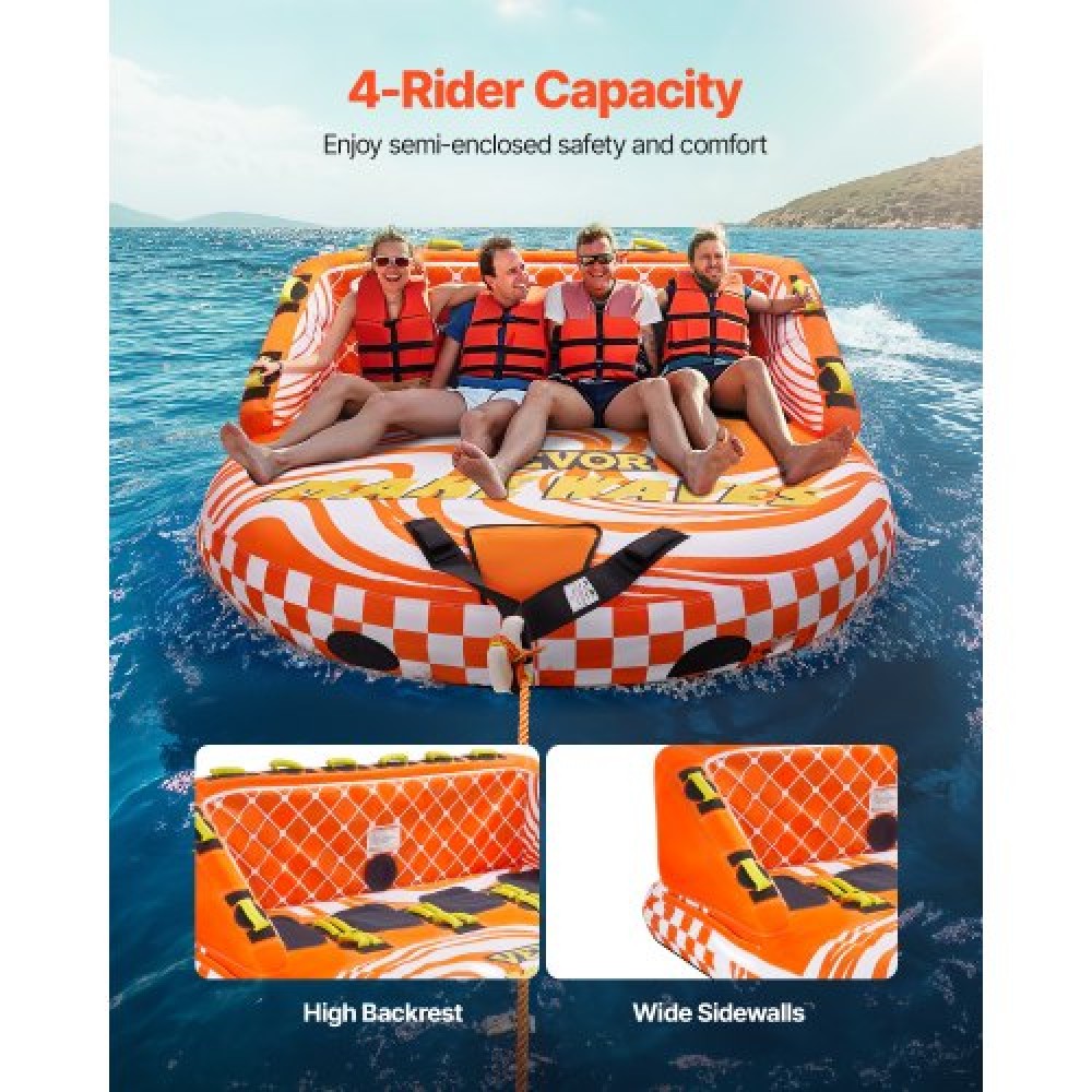 VEVOR Towable Tube for Boating, 1-4 Riders Inflatable Boat Tubes and Towables, 680lbs Water Sport Towable Tube for Boat to Rall - με πλήρες νάιλον κάλυμμα, 22 λαβές λαβής, διπλά σημεία ρυμούλκησης & βαλβίδα ασφαλείας