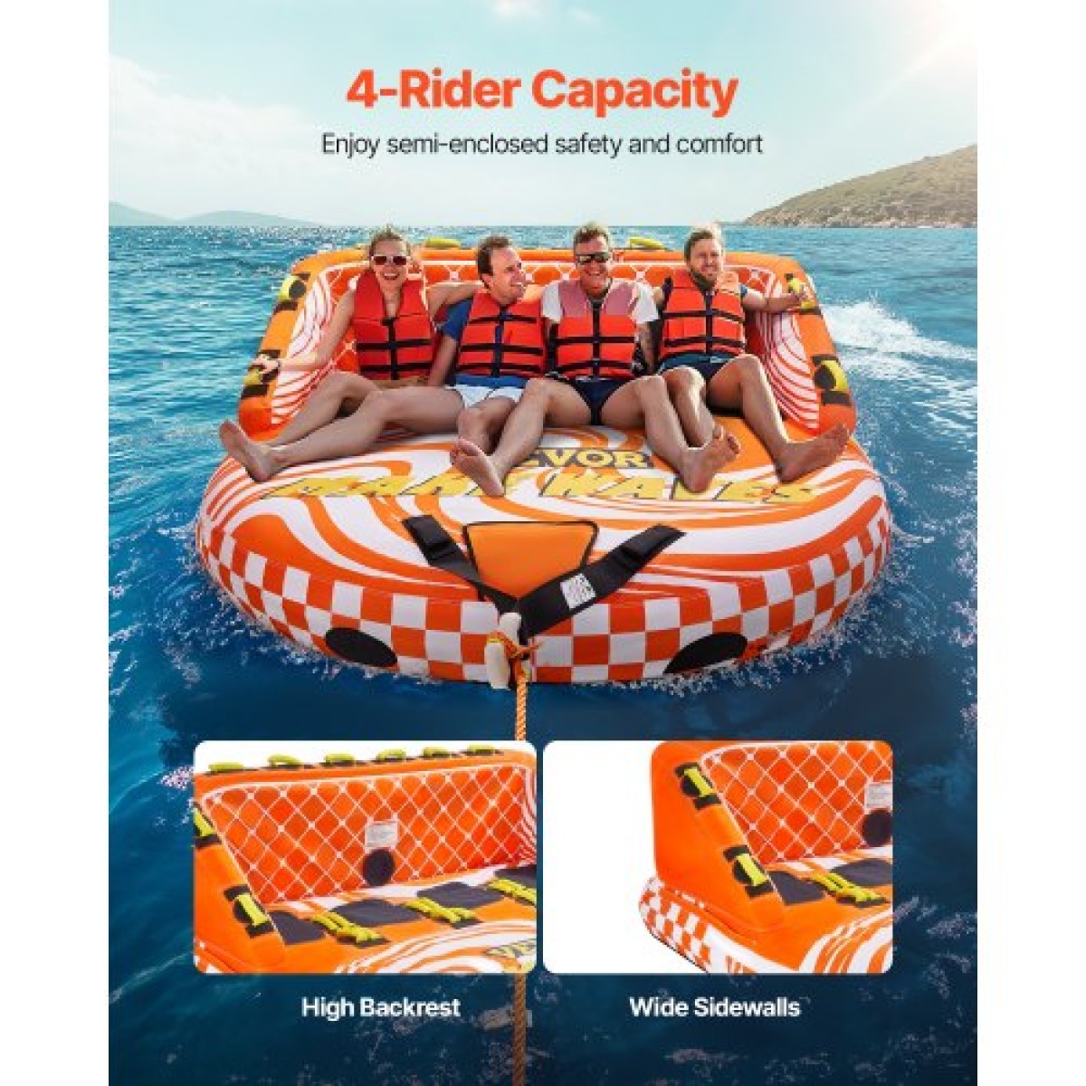VEVOR Towable Tube for Boating, 1-4 Riders Inflatable Boat Tubes and Towables, 680lbs Water Sport Towable Tube for Boat to Rall - με πλήρες νάιλον κάλυμμα, 22 λαβές λαβής, διπλά σημεία ρυμούλκησης & βαλβίδα ασφαλείας