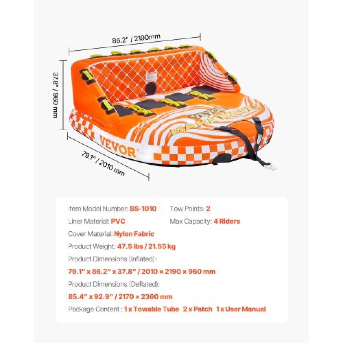 VEVOR Towable Tube for Boating, 1-4 Riders Inflatable Boat Tubes and Towables, 680lbs Water Sport Towable Tube for Boat to Rall - με πλήρες νάιλον κάλυμμα, 22 λαβές λαβής, διπλά σημεία ρυμούλκησης & βαλβίδα ασφαλείας
