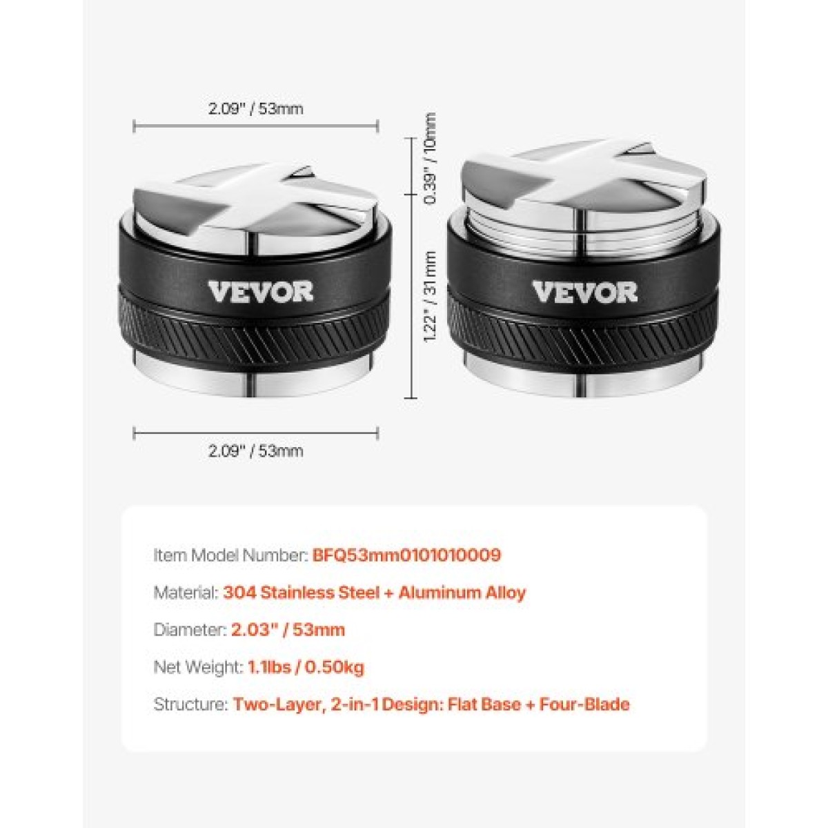 VEVOR Coffee Distributor 53mm, 2-σε-1 Ρυθμιζόμενος Διανομέας Espresso με βάση σε σχήμα βεντιλατέρ, Coffee Distributor 304 από ανοξείδωτο ατσάλι με σχέδιο εύκολης αποσυναρμολόγησης