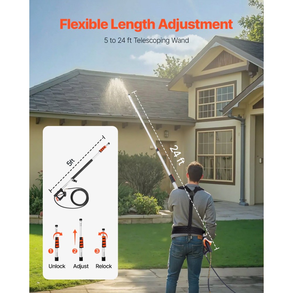 Τηλεσκοπική ράβδος πλύσης πίεσης VEVOR, 24 ft, 4000 psi, Τηλεσκοπική ράβδος ψεκασμού με ράβδους επέκτασης ηλεκτρικού πλυσίματος, Καθαριστικό υδρορροών, περιστρεφόμενος σύνδεσμος, 7 ακροφύσια ψεκασμού και ρυθμιζόμενη πλεξούδα στήριξης