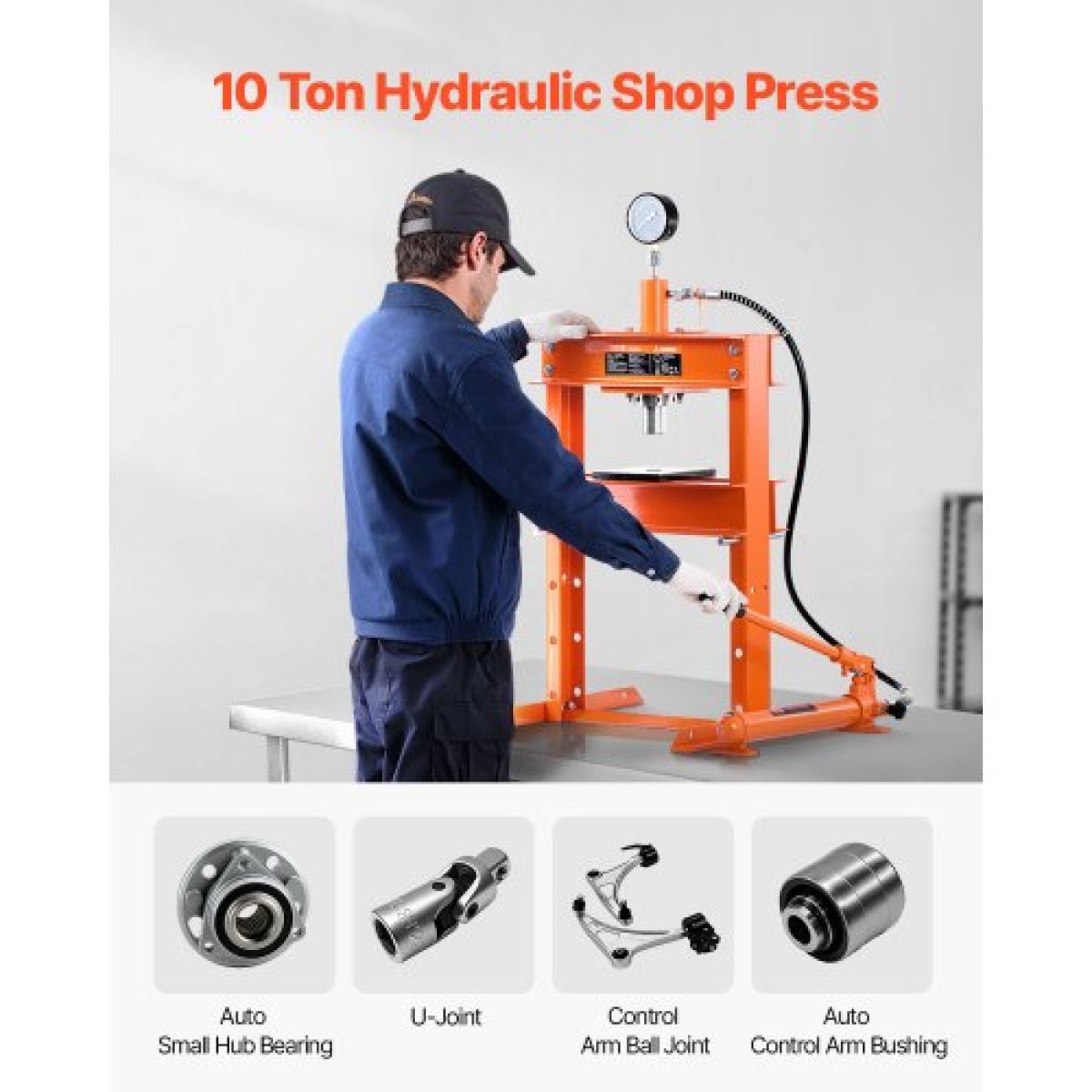 VEVOR Hydraulic Shop Press, 10 T H-Frame Shop Press με πλάκα πρέσας & βάση σχήματος H, σταθερή υδραυλική πρέσα ρυθμιζόμενη στο πάτωμα γκαράζ με ανακουφιστική βαλβίδα, κατάλληλη για κάμψη, ίσιωμα & στάμπα