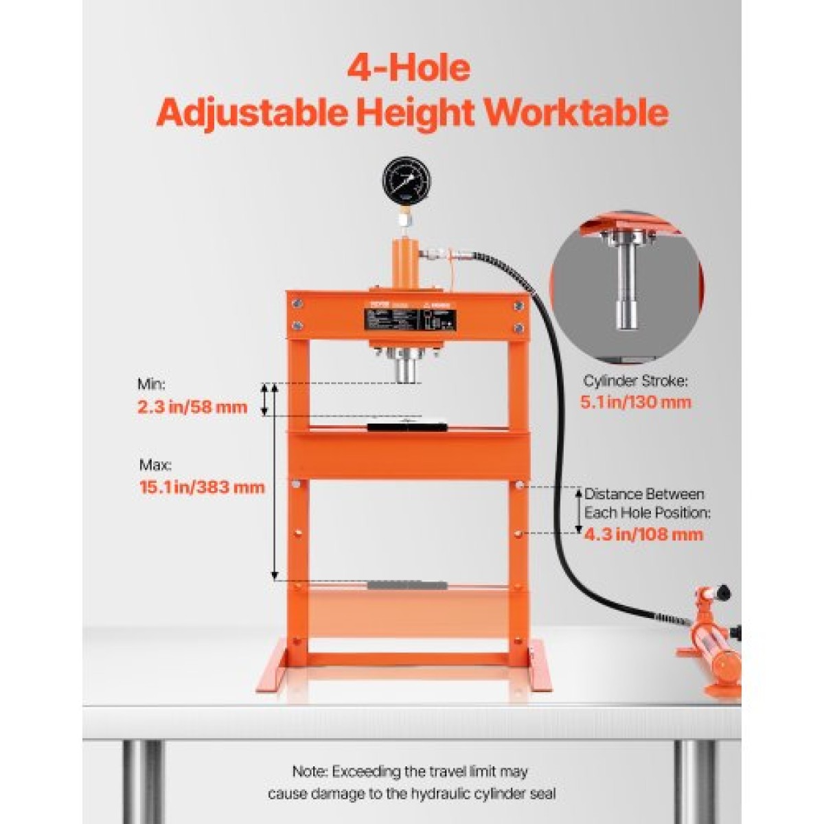 VEVOR Hydraulic Shop Press, 10 T H-Frame Shop Press με πλάκα πρέσας & βάση σχήματος H, σταθερή υδραυλική πρέσα ρυθμιζόμενη στο πάτωμα γκαράζ με ανακουφιστική βαλβίδα, κατάλληλη για κάμψη, ίσιωμα & στάμπα