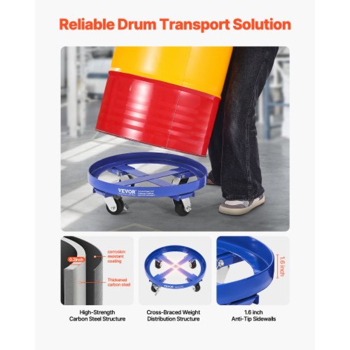 VEVOR 55 γαλόνι Drum Dolly, χωρητικότητα 2000 lbs, Dolly βαρέως τύπου με σταυρωτά στηρίγματα και 4 περιστρεφόμενους τροχούς τροχού, κουκλάκια χειρός φορτηγού χωρίς ανατροπή για χειρισμό τυμπάνων αποθήκης, μπλε