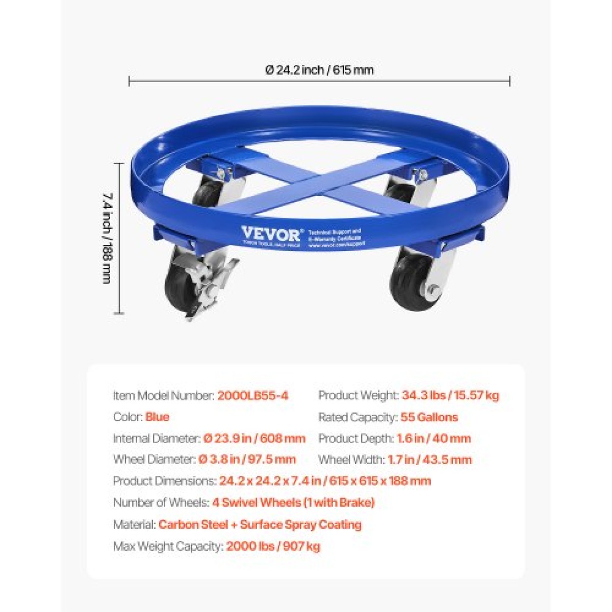 VEVOR 55 γαλόνι Drum Dolly, χωρητικότητα 2000 lbs, Dolly βαρέως τύπου με σταυρωτά στηρίγματα και 4 περιστρεφόμενους τροχούς τροχού, κουκλάκια χειρός φορτηγού χωρίς ανατροπή για χειρισμό τυμπάνων αποθήκης, μπλε