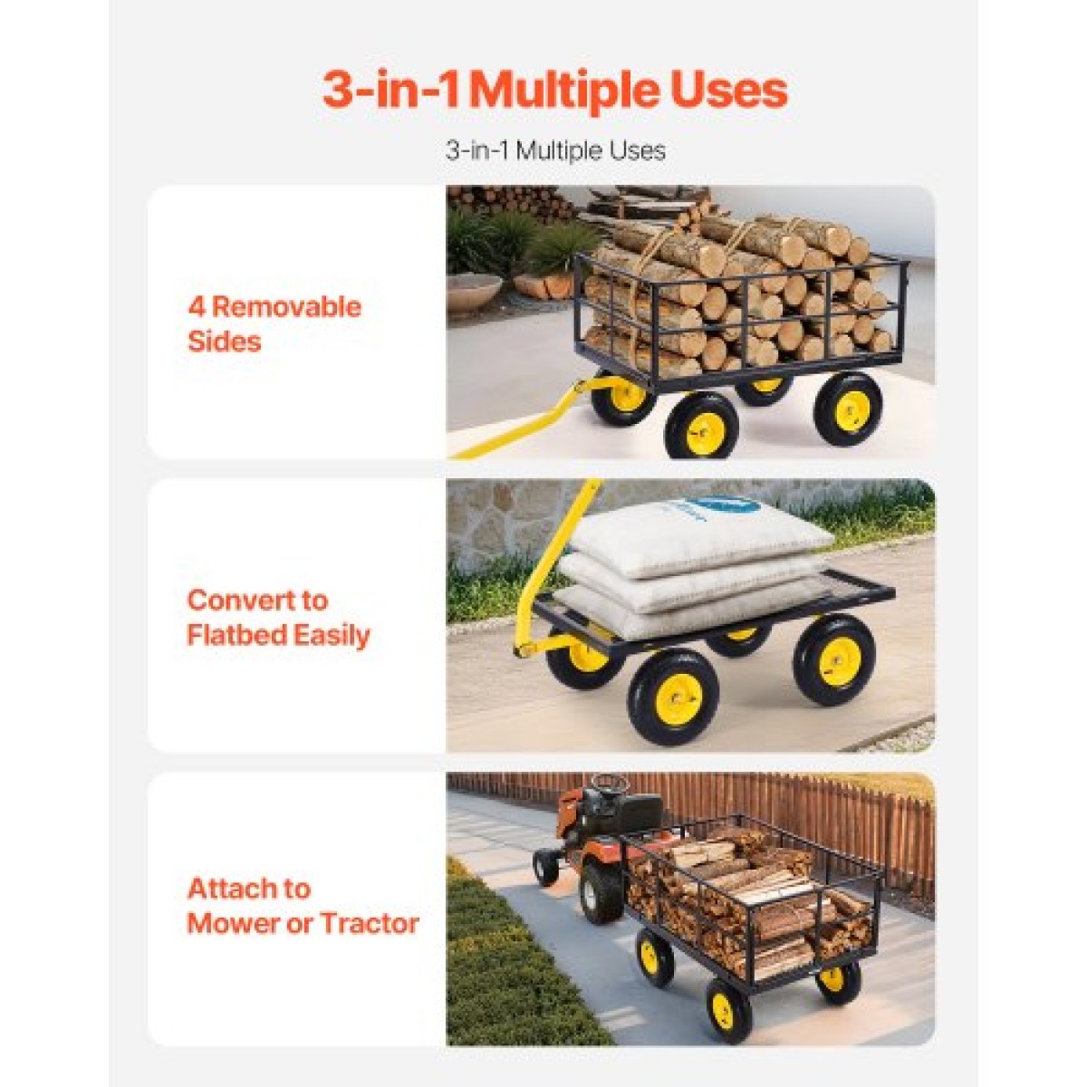 VEVOR 1400 Lbs Steel Garden Cart, Heavy Duty Pullable Garden Wagon Yard Cart, 2 in 1 Outdoor Metal Utility Wagon Yard Trailer με ελαστικά παντός εδάφους 13", αφαιρούμενες πλευρές πλέγματος και περιστρεφόμενη λαβή 180°
