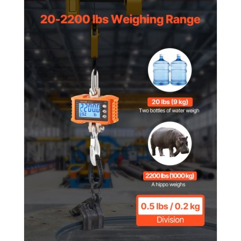 Ψηφιακή ζυγαριά γερανού VEVOR, 2200 lbs/1000 kg, Βιομηχανική κρεμαστή ζυγαριά βαρέως τύπου με τηλεχειριστήριο, θήκη από χυτό αλουμίνιο & οθόνη LCD, υψηλή ακρίβεια για κατασκευή, εργοστάσιο, αγρόκτημα, κυνήγι (πορτοκαλί)