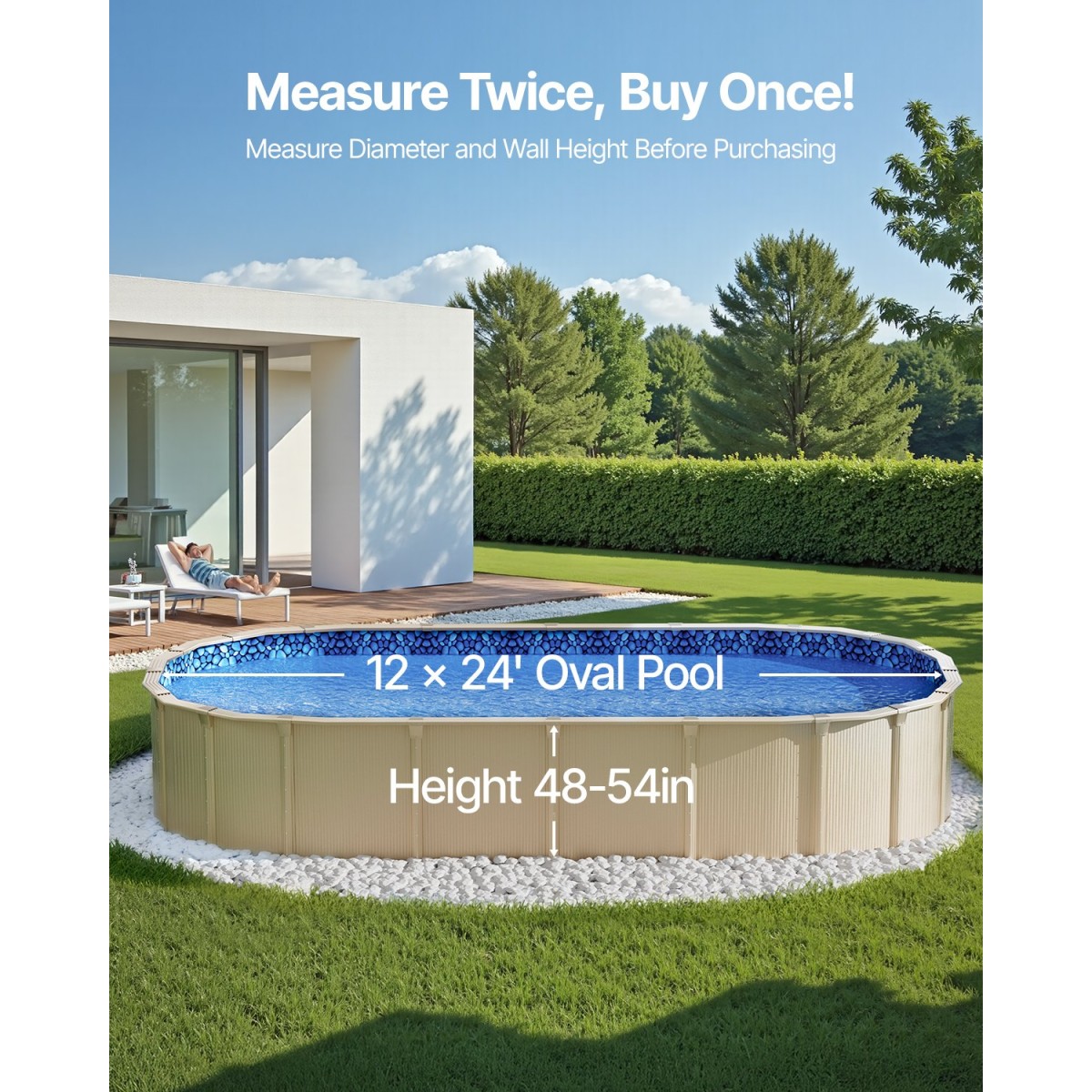 VEVOR 12 x 24 ft οβάλ επένδυση πισίνας, στιλ επικάλυψης πάνω από το έδαφος, ύψος τοίχου 48 έως 54 ίντσες, ανθεκτική επένδυση πισίνας, βινύλιο τυπικού διαμετρήματος, για πισίνες με ατσάλι πάνω από το έδαφος