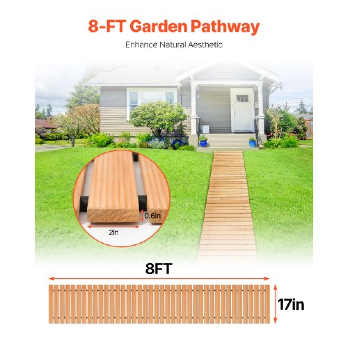 VEVOR Wooden Garden Pathway, 8 ft L x 17 in W, Αντιολισθητικός ίσιος διάδρομος κήπου, Roll Out Cedar Outdoor Walkway Path με σύνδεση με συρματόσχοινο, Διακοσμητικό πλακόστρωτο κήπου για γαμήλιο πάρτι στην πίσω αυλή