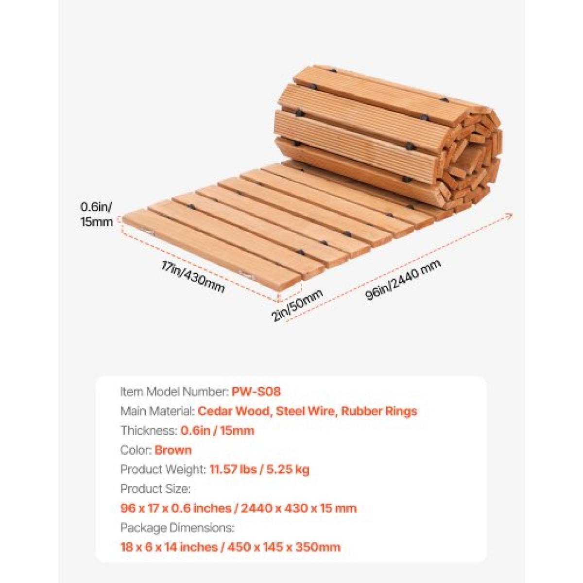 VEVOR Wooden Garden Pathway, 8 ft L x 17 in W, Αντιολισθητικός ίσιος διάδρομος κήπου, Roll Out Cedar Outdoor Walkway Path με σύνδεση με συρματόσχοινο, Διακοσμητικό πλακόστρωτο κήπου για γαμήλιο πάρτι στην πίσω αυλή