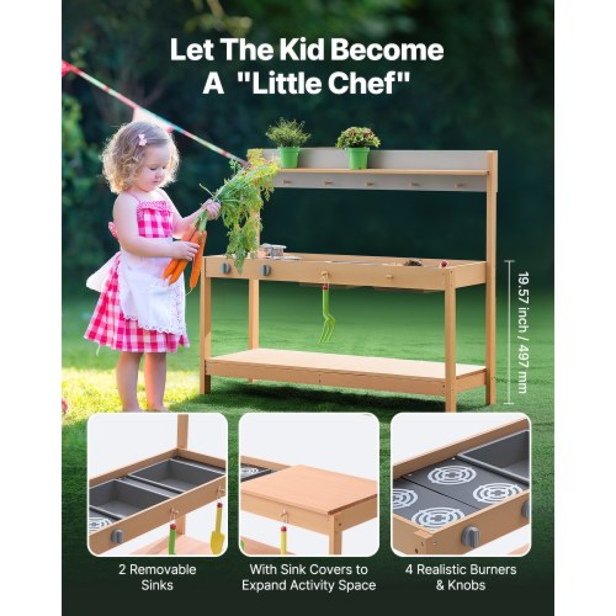 VEVOR Mud Kitchen για Παιδιά, Ξύλινο Σετ Κουζίνας Παιχνιδιών με Αξεσουάρ, Υπαίθριο Σετ Παιχνιδιού, Υπαίθρια Κουζίνα Pretend Play για Αγόρια και Κορίτσια, Μικρό Παιχνίδι Κουζίνα με εστίες και νεροχύτη