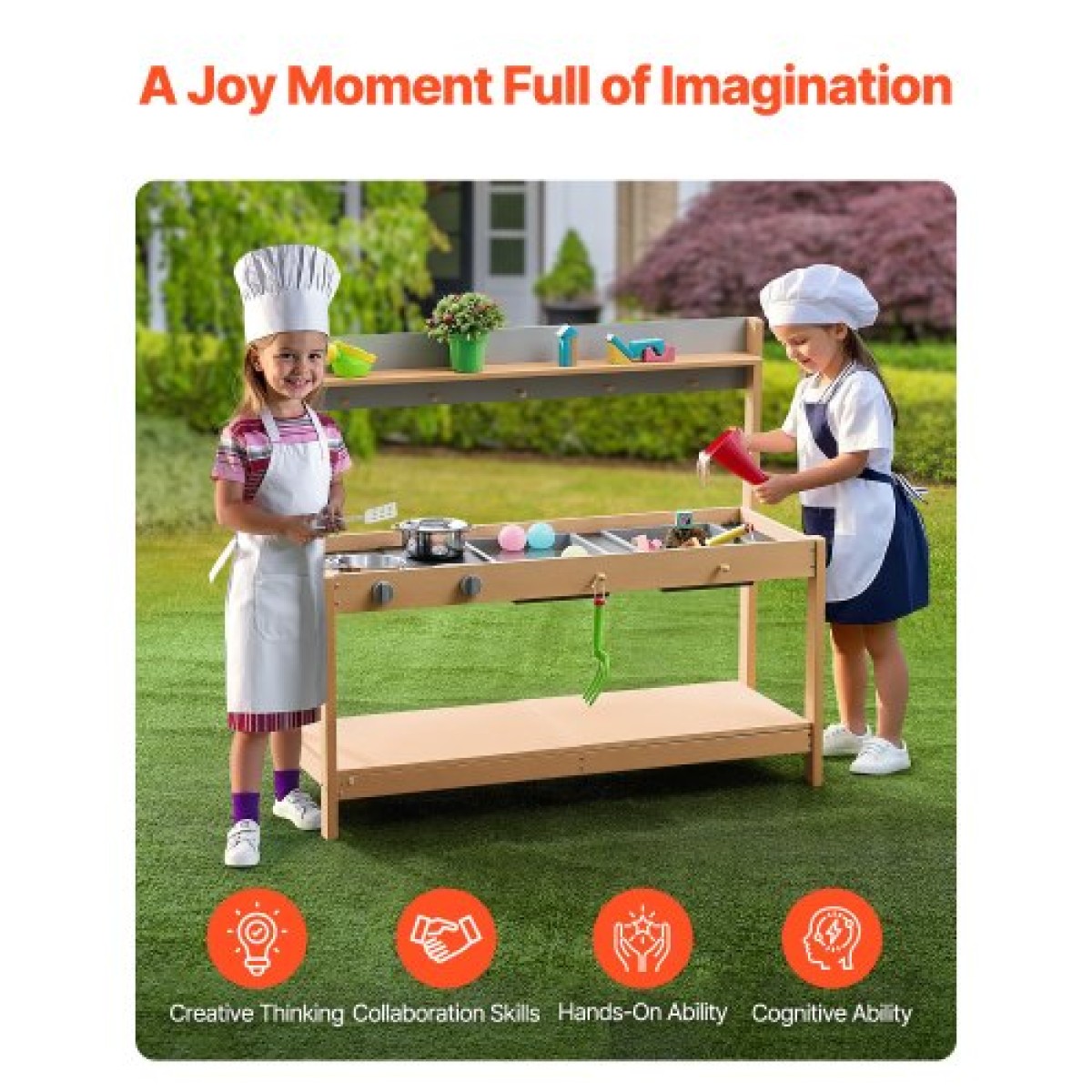 VEVOR Mud Kitchen για Παιδιά, Ξύλινο Σετ Κουζίνας Παιχνιδιών με Αξεσουάρ, Υπαίθριο Σετ Παιχνιδιού, Υπαίθρια Κουζίνα Pretend Play για Αγόρια και Κορίτσια, Μικρό Παιχνίδι Κουζίνα με εστίες και νεροχύτη