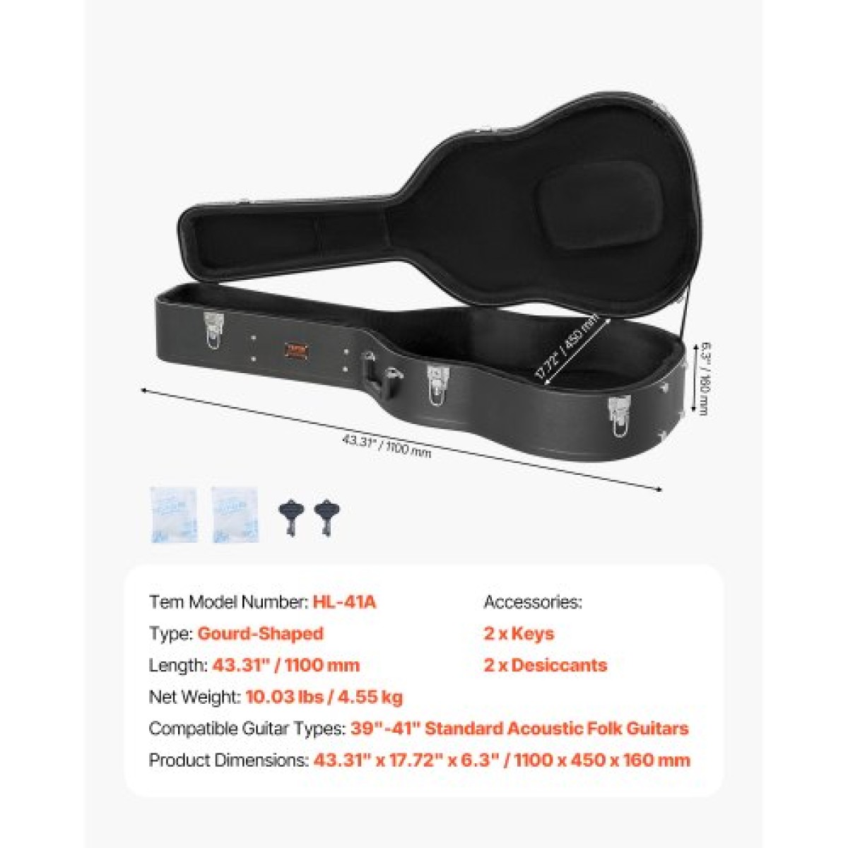 Σκληρή θήκη VEVOR Acoustic Guitar 43,31 in / 110 cm με κλειδαριά και πλήκτρα για ακουστική κιθάρα